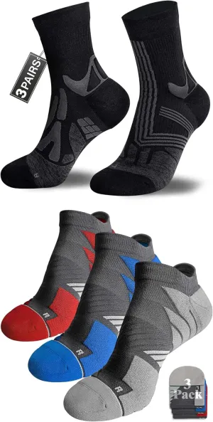 Hylaea Coolmax Athletic Running Socks Moisture Wicking No Blister Seamless Toe, No Show and Quarter Length Black Blue Red Grey Large
