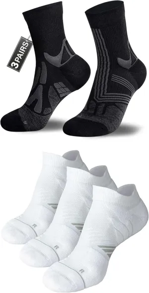 Hylaea Coolmax Athletic Running Socks with Cushion Seamless Toe, Moisture Wicking, No Show and Quarter Length Black White Medium