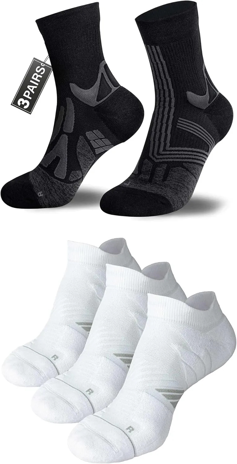 Hylaea Coolmax Athletic Running Socks with Cushion Seamless Toe, Moisture Wicking, No Show and Quarter Length Black White Medium