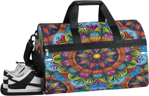 Indian Floral Mandala Resistant Sports Gym Bag for Women Men Travel Duffel bag with Wet Pocket & Shoes Compartment Waterproof Weekender Bag 19.7"x9.9"x13"