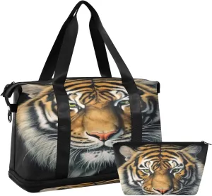 Kigai Beautiful Tiger King Gym Bag for Women & Men,Waterproof Weekender Overnight Bag with Shoes Compartment Sports Duffel Bag for Gym Yoga Swimming Camping