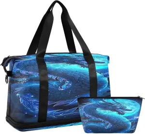 Kigai Blue Dragon Gym Bag for Women & Men,Waterproof Weekender Overnight Bag with Shoes Compartment Sports Duffel Bag for Gym Yoga Swimming Camping