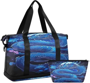 Kigai Blue Dragon Gym Bag for Women & Men,Waterproof Weekender Overnight Bag with Shoes Compartment Sports Duffel Bag for Gym Yoga Swimming Camping