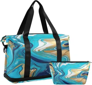 Kigai Blue Gold Marble Gym Bag for Women & Men,Waterproof Weekender Overnight Bag with Shoes Compartment Sports Duffel Bag for Gym Yoga Swimming Camping
