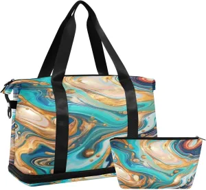 Kigai Blue Gold Marble Gym Bag for Women & Men,Waterproof Weekender Overnight Bag with Shoes Compartment Sports Duffel Bag for Gym Yoga Swimming Camping