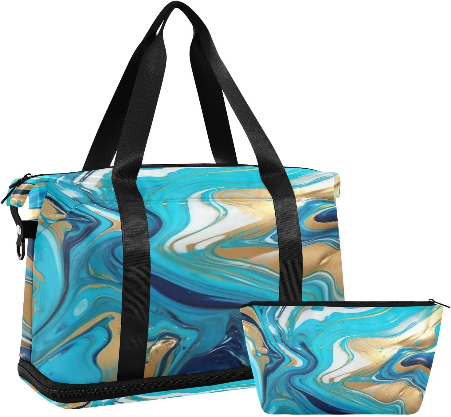 Kigai Blue Gold Marble Gym Bag for Women & Men,Waterproof Weekender Overnight Bag with Shoes Compartment Sports Duffel Bag for Gym Yoga Swimming Camping