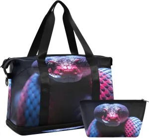 Kigai Blue Red Snake Gym Bag for Women & Men,Waterproof Weekender Overnight Bag with Shoes Compartment Sports Duffel Bag for Gym Yoga Swimming Camping