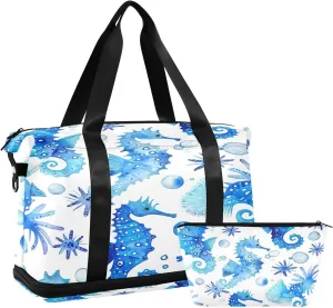 Kigai Blue Seahorse Gym Bag for Women & Men,Waterproof Weekender Overnight Bag with Shoes Compartment Sports Duffel Bag for Gym Yoga Swimming Camping