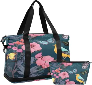 Kigai Butterfly Bird Gym Bag for Women & Men,Waterproof Weekender Overnight Bag with Shoes Compartment Sports Duffel Bag for Gym Yoga Swimming Camping