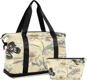 Kigai Butterfly Flowers Gym Bag for Women & Men,Waterproof Weekender Overnight Bag with Shoes Compartment Sports Duffel Bag for Gym Yoga Swimming Camping