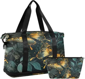 Kigai Butterfly Leaves Gym Bag for Women & Men,Waterproof Weekender Overnight Bag with Shoes Compartment Sports Duffel Bag for Gym Yoga Swimming Camping