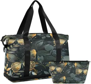Kigai Butterfly Leaves Gym Bag for Women & Men,Waterproof Weekender Overnight Bag with Shoes Compartment Sports Duffel Bag for Gym Yoga Swimming Camping