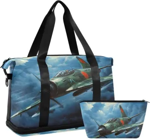 Kigai Cartoon Aircraft Gym Bag for Women & Men,Waterproof Weekender Overnight Bag with Shoes Compartment Sports Duffel Bag for Gym Yoga Swimming Camping