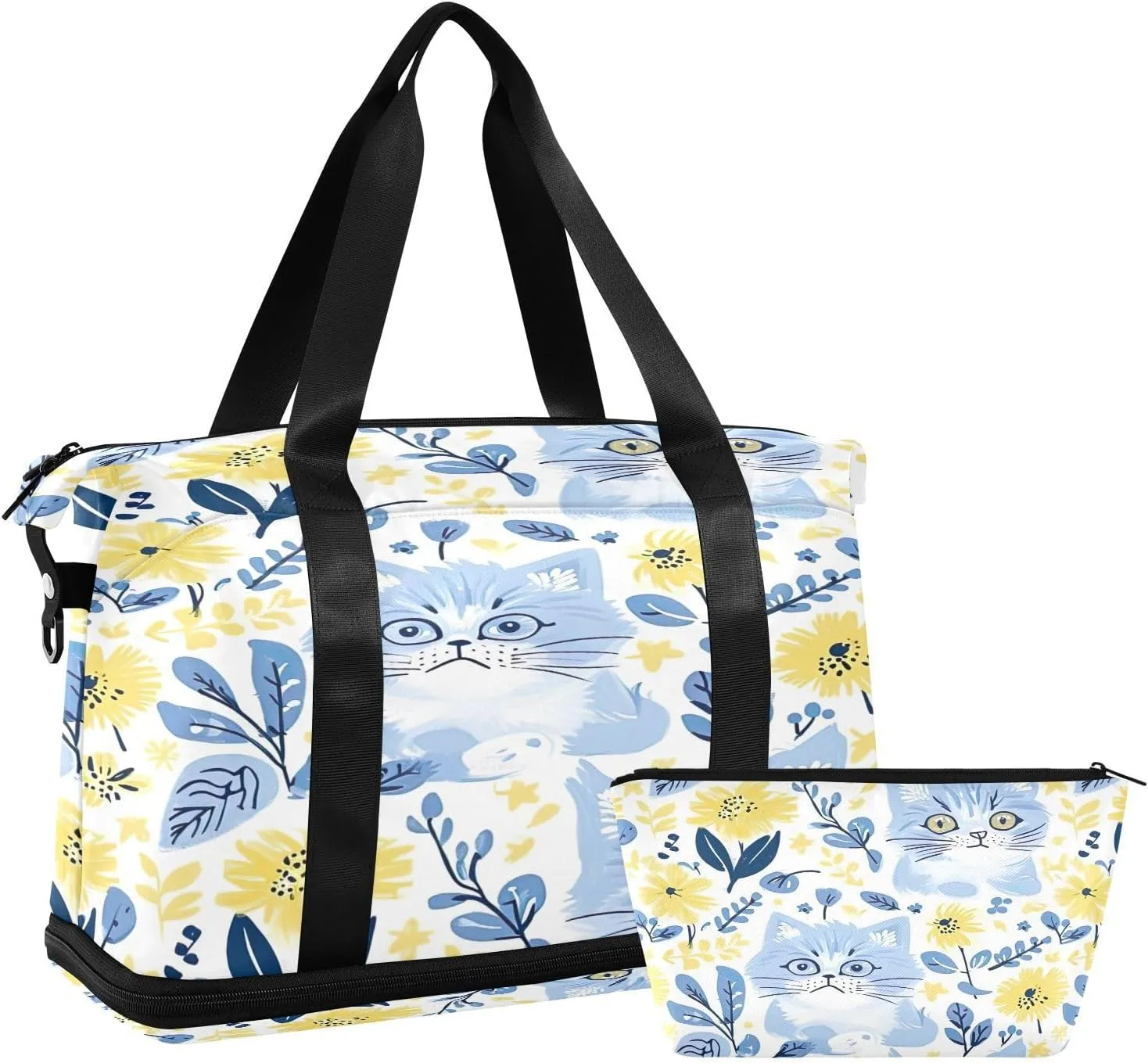 Kigai Cat Flowers Gym Bag for Women & Men,Waterproof Weekender Overnight Bag with Shoes Compartment Sports Duffel Bag for Gym Yoga Swimming Camping