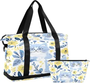 Kigai Cat Flowers Gym Bag for Women & Men,Waterproof Weekender Overnight Bag with Shoes Compartment Sports Duffel Bag for Gym Yoga Swimming Camping