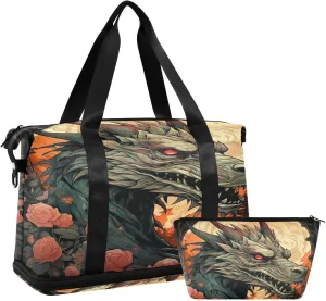 Kigai Chinese Dragon Gym Bag for Women & Men,Waterproof Weekender Overnight Bag with Shoes Compartment Sports Duffel Bag for Gym Yoga Swimming Camping