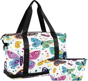 Kigai Colorful Butterfly Gym Bag for Women & Men,Waterproof Weekender Overnight Bag with Shoes Compartment Sports Duffel Bag for Gym Yoga Swimming Camping
