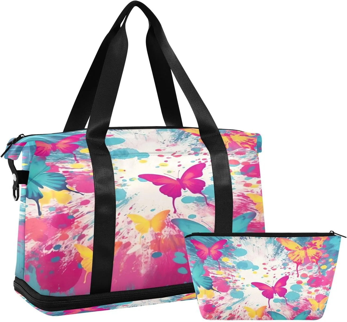 Kigai Colorful Butterfly Gym Bag for Women & Men,Waterproof Weekender Overnight Bag with Shoes Compartment Sports Duffel Bag for Gym Yoga Swimming Camping