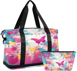 Kigai Colorful Butterfly Gym Bag for Women & Men,Waterproof Weekender Overnight Bag with Shoes Compartment Sports Duffel Bag for Gym Yoga Swimming Camping