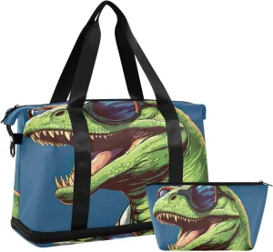 Kigai Cute Cartoon Dinosaur Gym Bag for Women & Men,Waterproof Weekender Overnight Bag with Shoes Compartment Sports Duffel Bag for Gym Yoga Swimming Camping