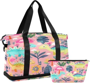 Kigai Cute Cartoon Dinosaur Gym Bag for Women & Men,Waterproof Weekender Overnight Bag with Shoes Compartment Sports Duffel Bag for Gym Yoga Swimming Camping