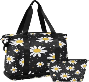 Kigai Daisy Pattern Gym Bag for Women & Men,Waterproof Weekender Overnight Bag with Shoes Compartment Sports Duffel Bag for Gym Yoga Swimming Camping