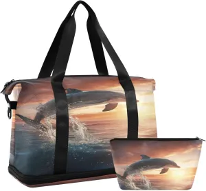 Kigai Dolphin Sunset Gym Bag for Women & Men,Waterproof Weekender Overnight Bag with Shoes Compartment Sports Duffel Bag for Gym Yoga Swimming Camping