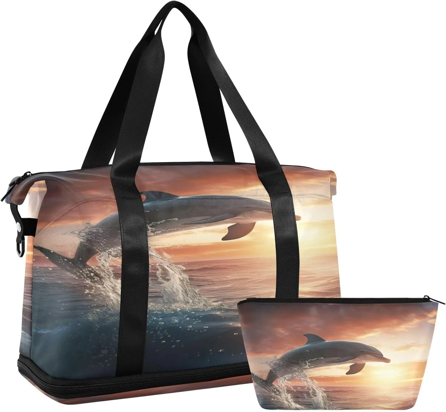 Kigai Dolphin Sunset Gym Bag for Women & Men,Waterproof Weekender Overnight Bag with Shoes Compartment Sports Duffel Bag for Gym Yoga Swimming Camping
