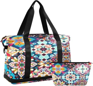 Kigai Ethnic Print Gym Bag for Women & Men,Waterproof Weekender Overnight Bag with Shoes Compartment Sports Duffel Bag for Gym Yoga Swimming Camping
