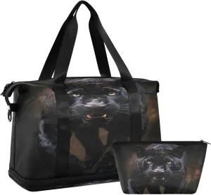 Kigai Fierce Black Panther Gym Bag for Women & Men,Waterproof Weekender Overnight Bag with Shoes Compartment Sports Duffel Bag for Gym Yoga Swimming Camping