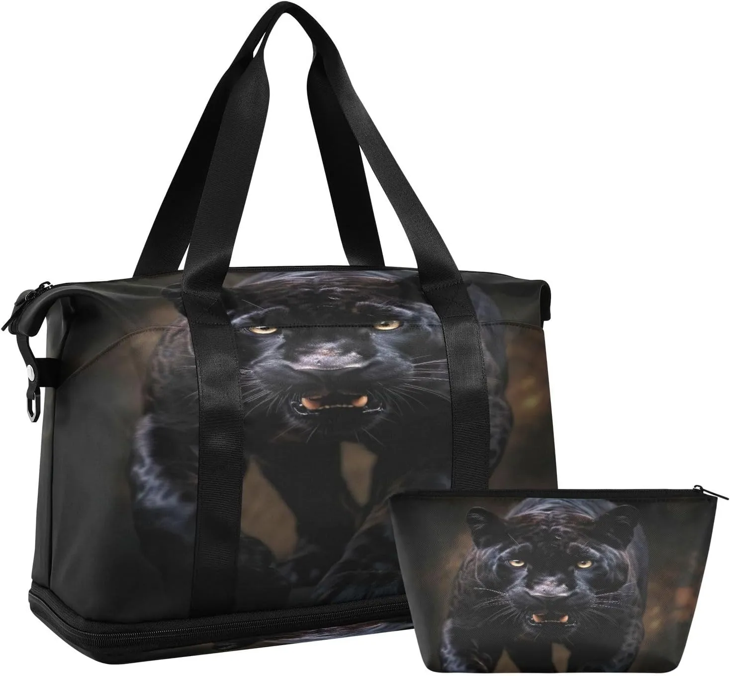 Kigai Fierce Black Panther Gym Bag for Women & Men,Waterproof Weekender Overnight Bag with Shoes Compartment Sports Duffel Bag for Gym Yoga Swimming Camping