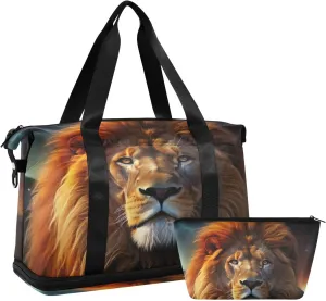 Kigai Fierce Lion Gym Bag for Women & Men,Waterproof Weekender Overnight Bag with Shoes Compartment Sports Duffel Bag for Gym Yoga Swimming Camping