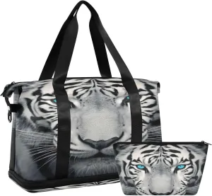Kigai Fierce White Tiger Gym Bag for Women & Men,Waterproof Weekender Overnight Bag with Shoes Compartment Sports Duffel Bag for Gym Yoga Swimming Camping