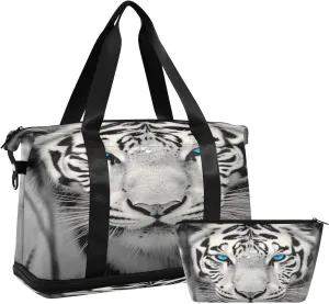Kigai Fierce White Tiger Gym Bag for Women & Men,Waterproof Weekender Overnight Bag with Shoes Compartment Sports Duffel Bag for Gym Yoga Swimming Camping