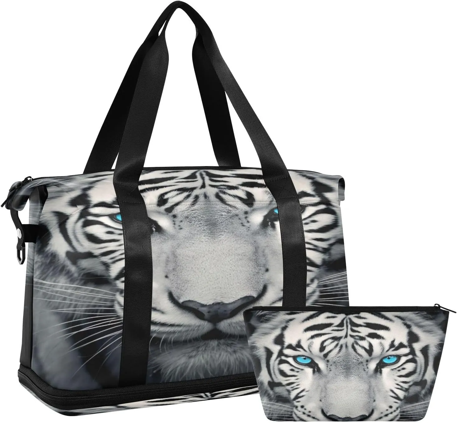 Kigai Fierce White Tiger Gym Bag for Women & Men,Waterproof Weekender Overnight Bag with Shoes Compartment Sports Duffel Bag for Gym Yoga Swimming Camping