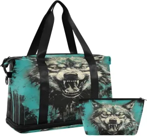 Kigai Fierce Wolf Gym Bag for Women & Men,Waterproof Weekender Overnight Bag with Shoes Compartment Sports Duffel Bag for Gym Yoga Swimming Camping