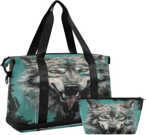 Kigai Fierce Wolf Gym Bag for Women & Men,Waterproof Weekender Overnight Bag with Shoes Compartment Sports Duffel Bag for Gym Yoga Swimming Camping
