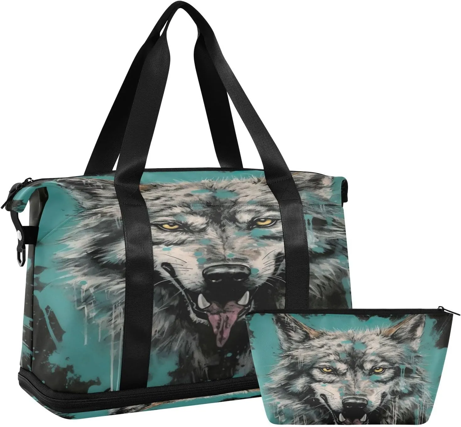 Kigai Fierce Wolf Gym Bag for Women & Men,Waterproof Weekender Overnight Bag with Shoes Compartment Sports Duffel Bag for Gym Yoga Swimming Camping