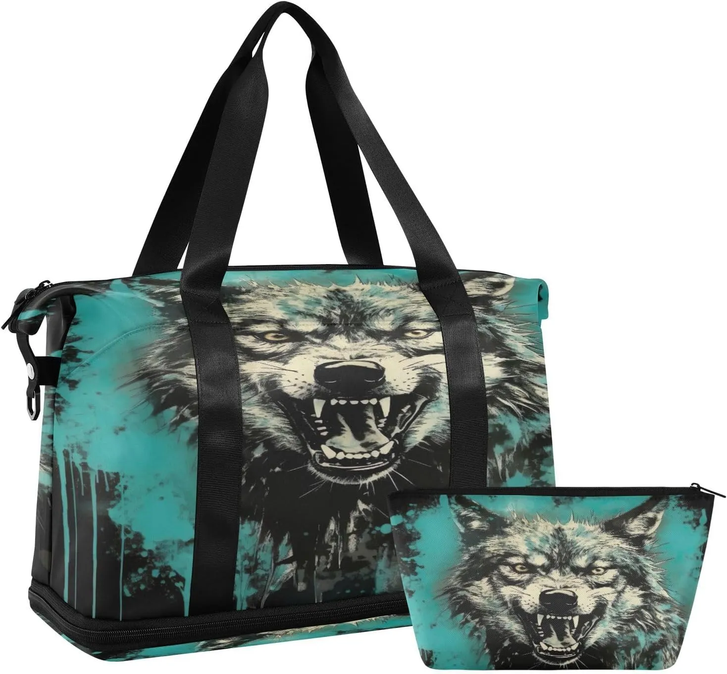 Kigai Fierce Wolf Gym Bag for Women & Men,Waterproof Weekender Overnight Bag with Shoes Compartment Sports Duffel Bag for Gym Yoga Swimming Camping