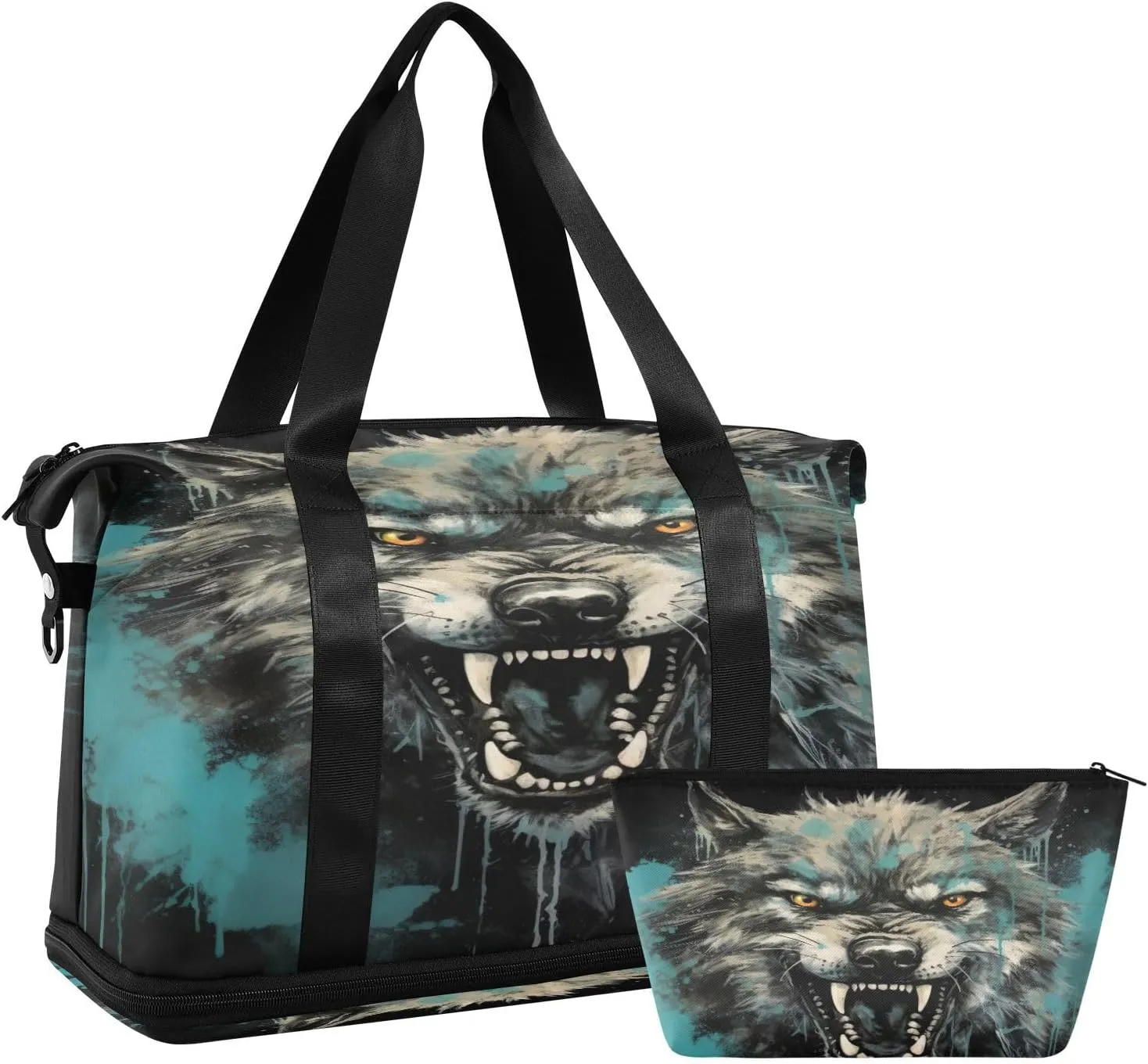 Kigai Fierce Wolf Gym Bag for Women & Men,Waterproof Weekender Overnight Bag with Shoes Compartment Sports Duffel Bag for Gym Yoga Swimming Camping