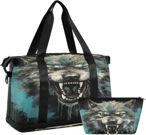 Kigai Fierce Wolf Gym Bag for Women & Men,Waterproof Weekender Overnight Bag with Shoes Compartment Sports Duffel Bag for Gym Yoga Swimming Camping