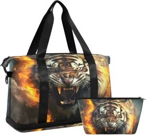 Kigai Flame Fierce Tiger Gym Bag for Women & Men,Waterproof Weekender Overnight Bag with Shoes Compartment Sports Duffel Bag for Gym Yoga Swimming Camping