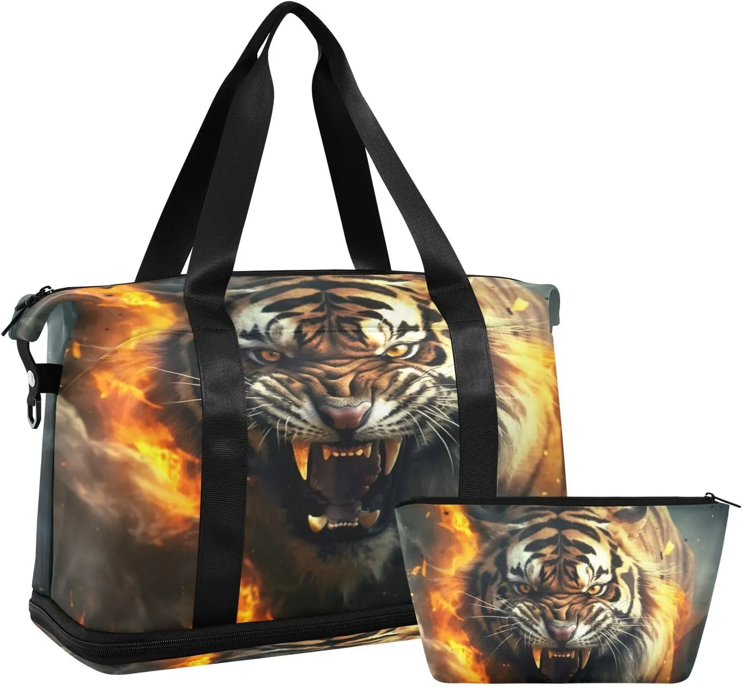 Kigai Flame Fierce Tiger Gym Bag for Women & Men,Waterproof Weekender Overnight Bag with Shoes Compartment Sports Duffel Bag for Gym Yoga Swimming Camping