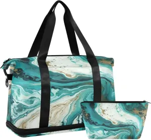 Kigai Gold Green Marble Gym Bag for Women & Men,Waterproof Weekender Overnight Bag with Shoes Compartment Sports Duffel Bag for Gym Yoga Swimming Camping