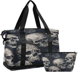 Kigai Gray Skull Gym Bag for Women & Men,Waterproof Weekender Overnight Bag with Shoes Compartment Sports Duffel Bag for Gym Yoga Swimming Camping