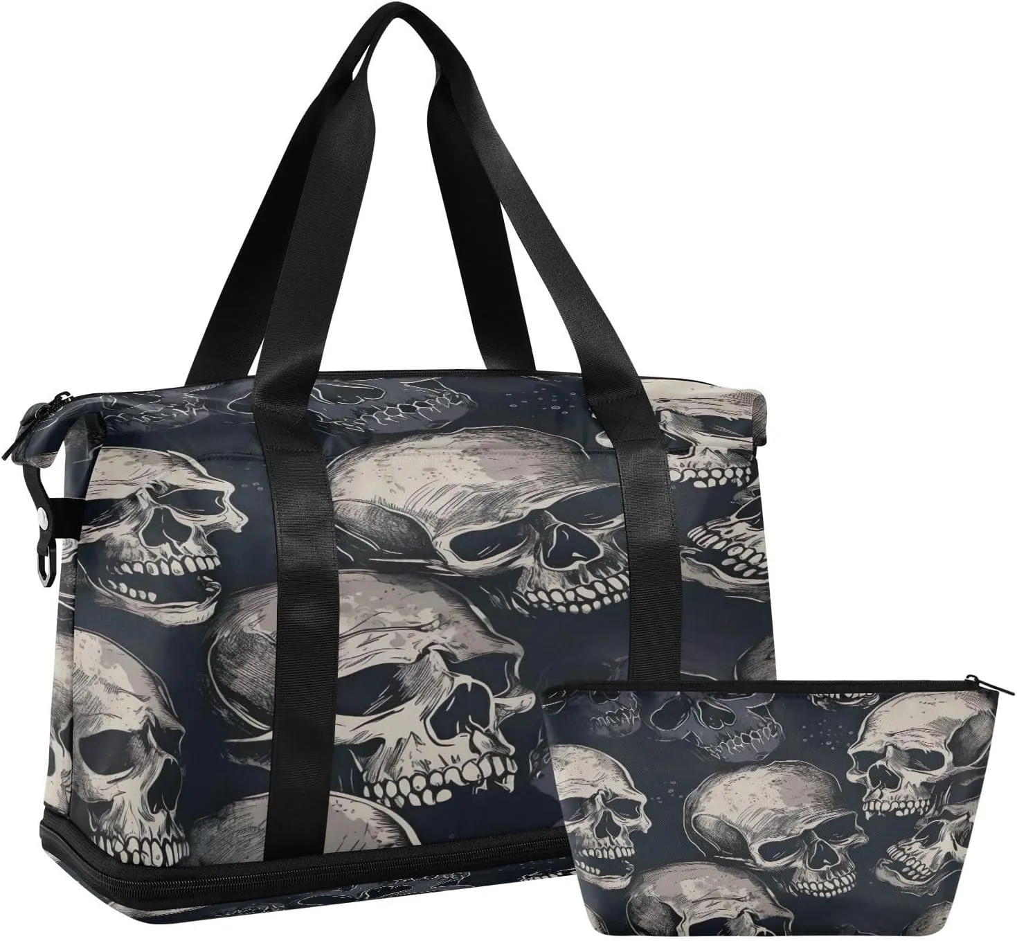 Kigai Gray Skull Gym Bag for Women & Men,Waterproof Weekender Overnight Bag with Shoes Compartment Sports Duffel Bag for Gym Yoga Swimming Camping