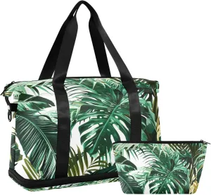 Kigai Green Palm Leaves Gym Bag for Women & Men,Waterproof Weekender Overnight Bag with Shoes Compartment Sports Duffel Bag for Gym Yoga Swimming Camping