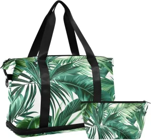 Kigai Green Palm Leaves Gym Bag for Women & Men,Waterproof Weekender Overnight Bag with Shoes Compartment Sports Duffel Bag for Gym Yoga Swimming Camping