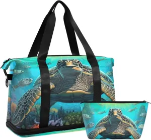 Kigai Green Sea Turtle Gym Bag for Women & Men,Waterproof Weekender Overnight Bag with Shoes Compartment Sports Duffel Bag for Gym Yoga Swimming Camping