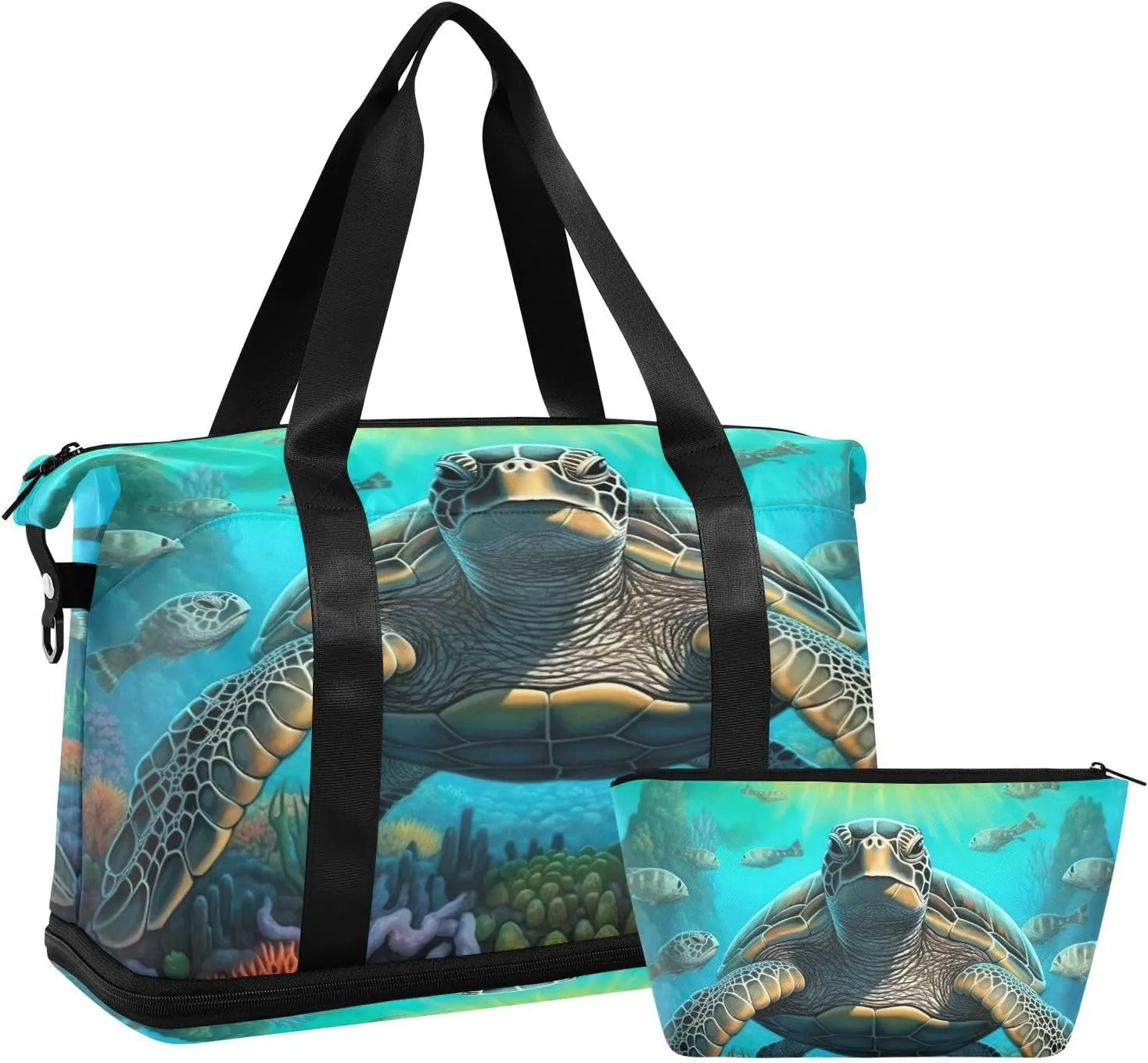 Kigai Green Sea Turtle Gym Bag for Women & Men,Waterproof Weekender Overnight Bag with Shoes Compartment Sports Duffel Bag for Gym Yoga Swimming Camping